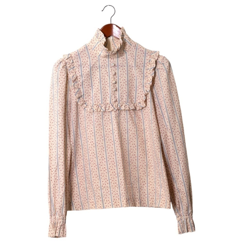 Vintage 70s OOPS Floral Print High Neck Peasant Blouse Ruffle Size Small Prairie
